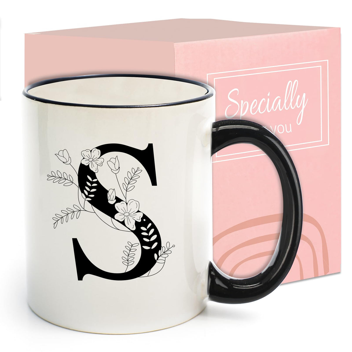 DHQH monogram mug with initial S, marble finish, ideal for daily coffee rituals.