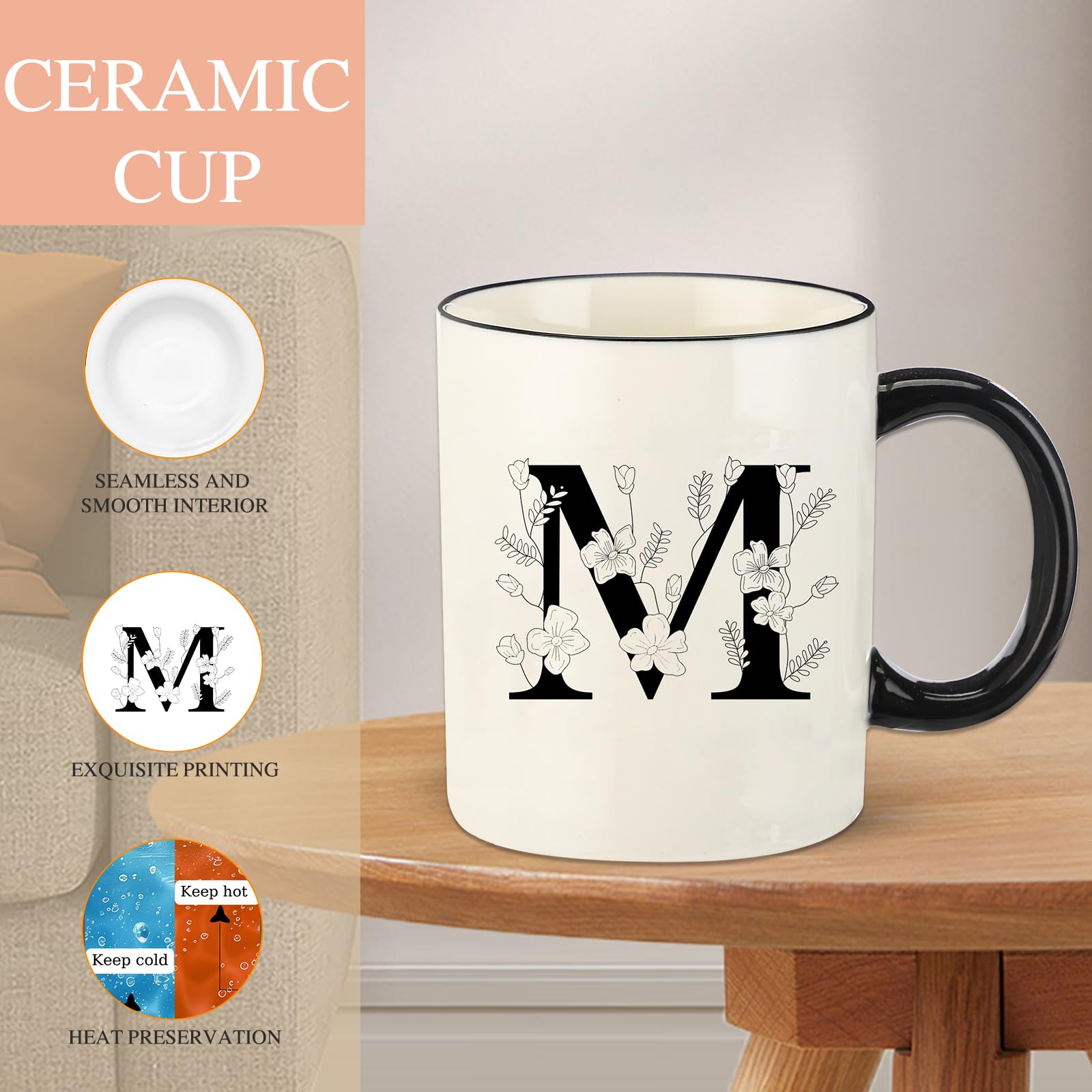 DHQH mug featuring white marble finish and black detailing for elegance