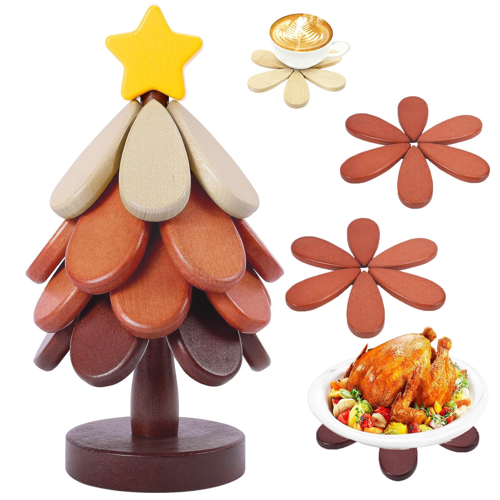 DHXGON walnut Christmas tree trivet set protects countertops from hot dishes