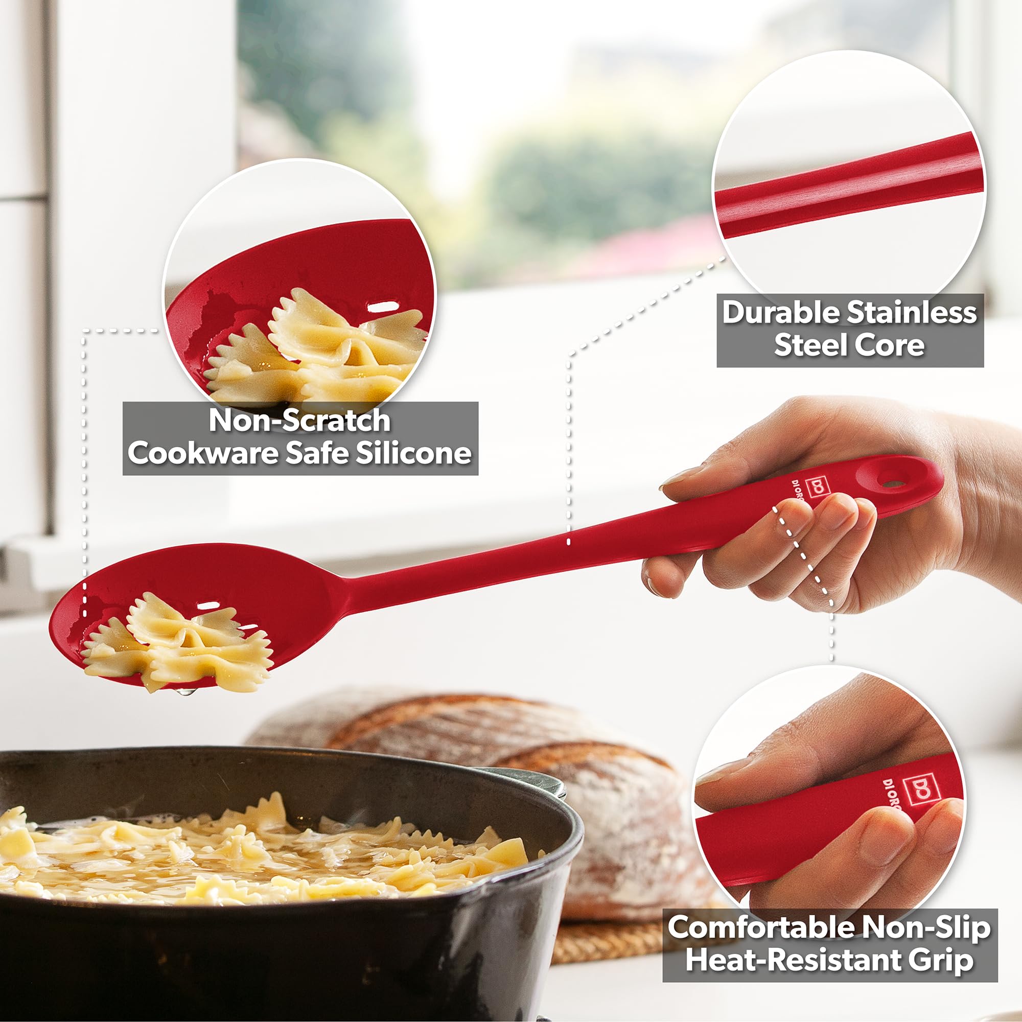 DI ORO Living 13-inch heat-resistant spoon set ideal for high-heat sauces and soups.