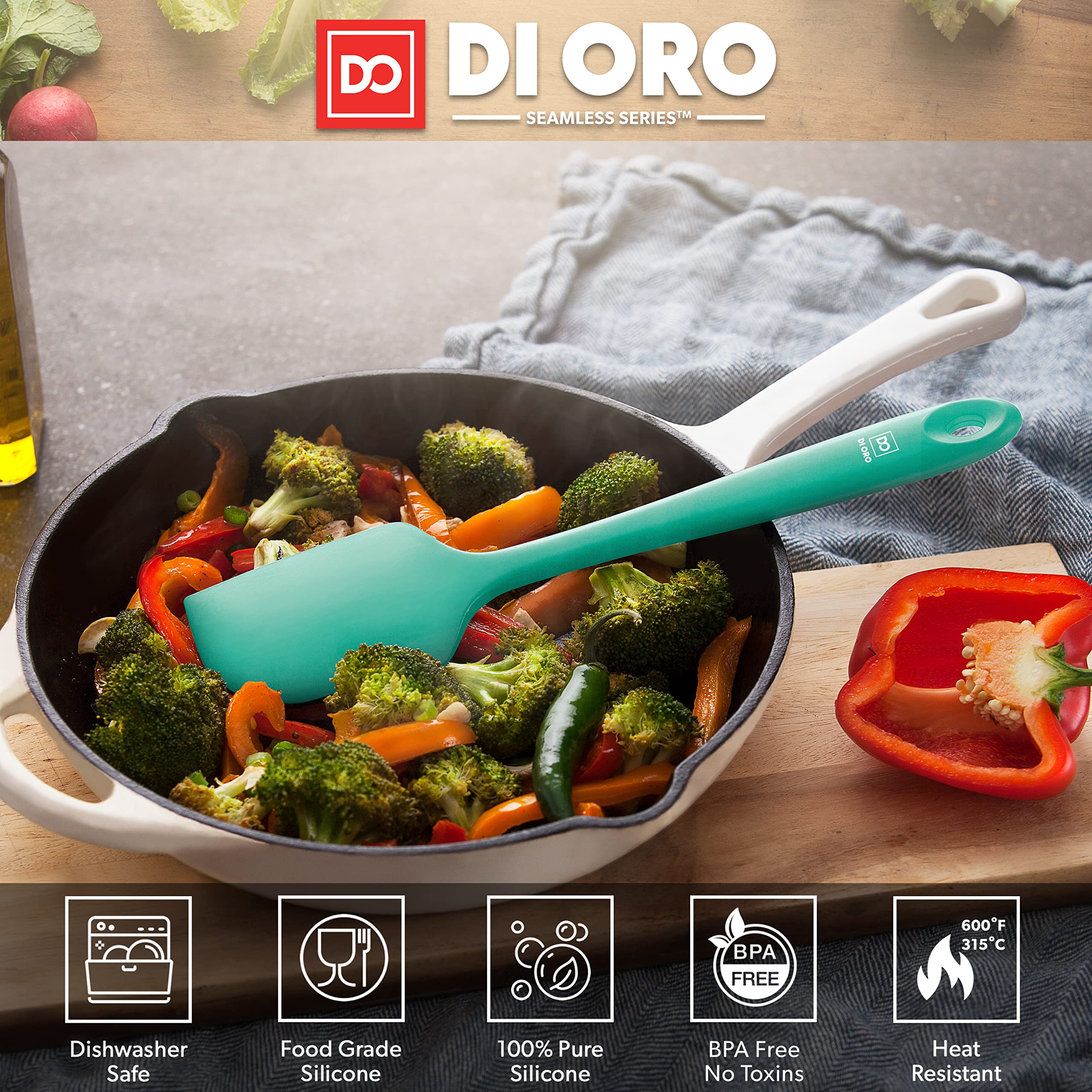 DI ORO Mint silicone spatula showing seamless one-piece construction for easy cleaning.