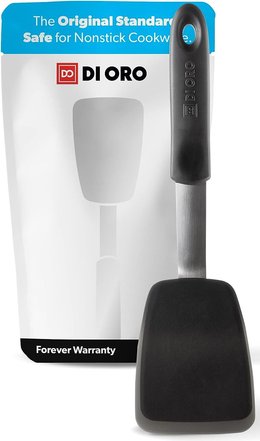 di Oro Living Chef Series Standard Spatula handle close-up showing ergonomic grip for precise flipping.