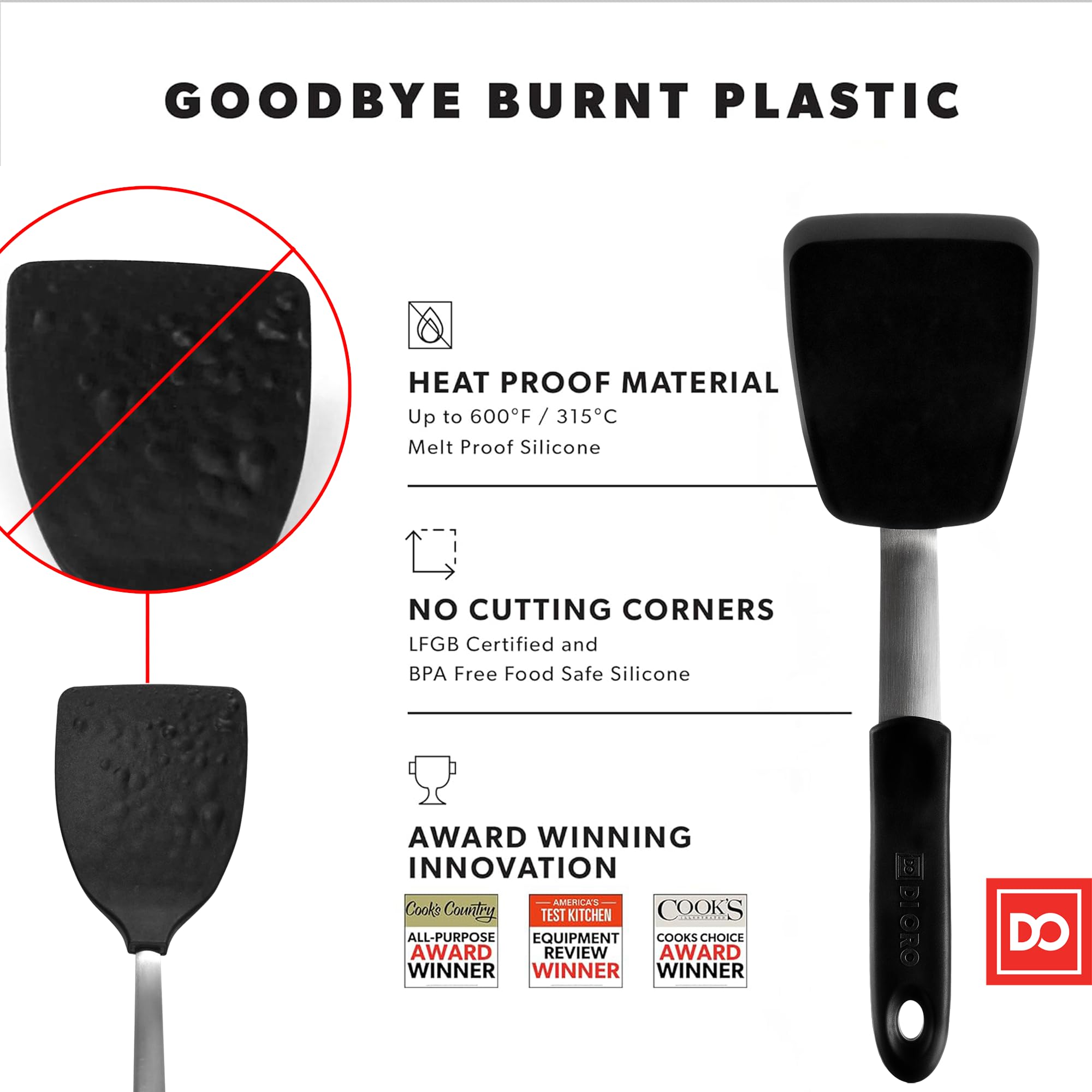 di Oro Living Chef Series Standard Spatula silicone head resists scratching nonstick cookware.