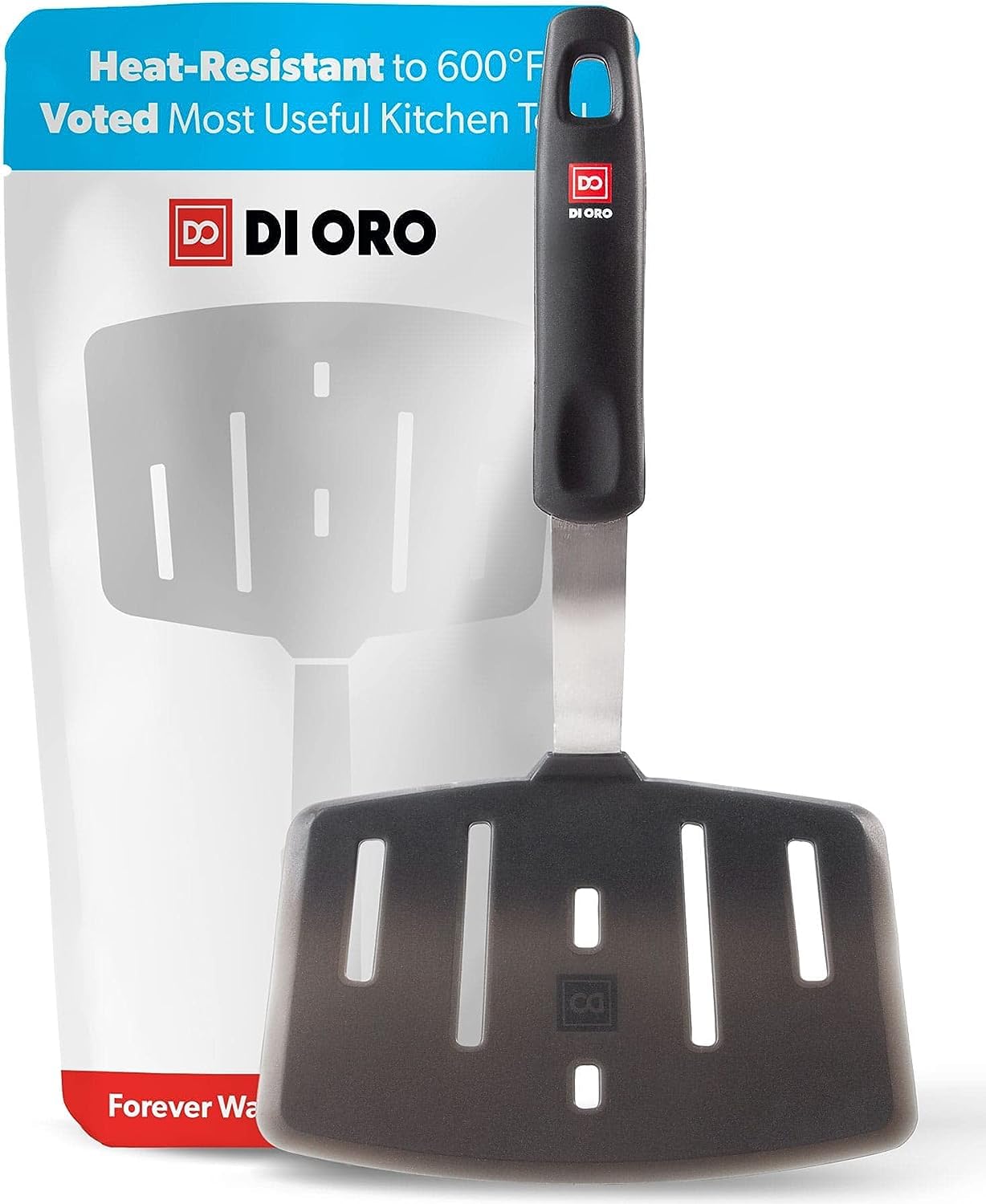 DI ORO Living designer series wide slotted spatula handle for heat resistance and comfortable grip.