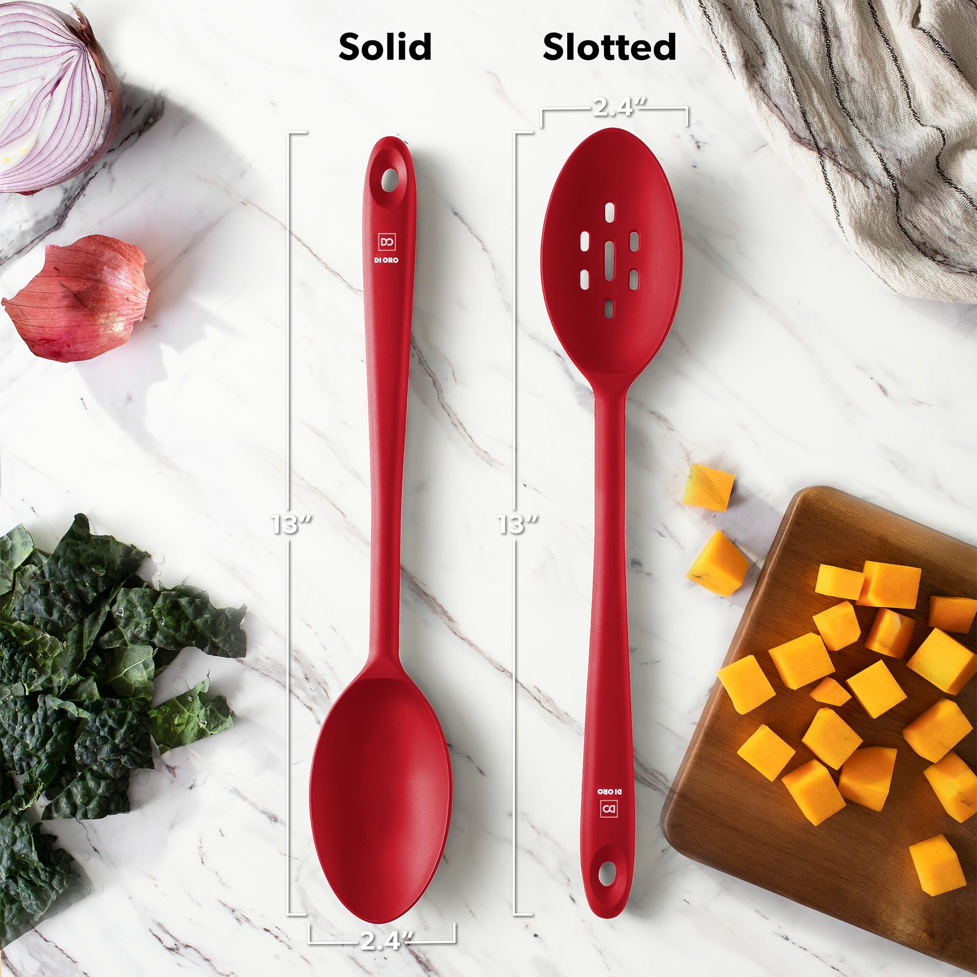 DI ORO Living dishwasher-safe spoon set for quick cleanup after busy cooking sessions.