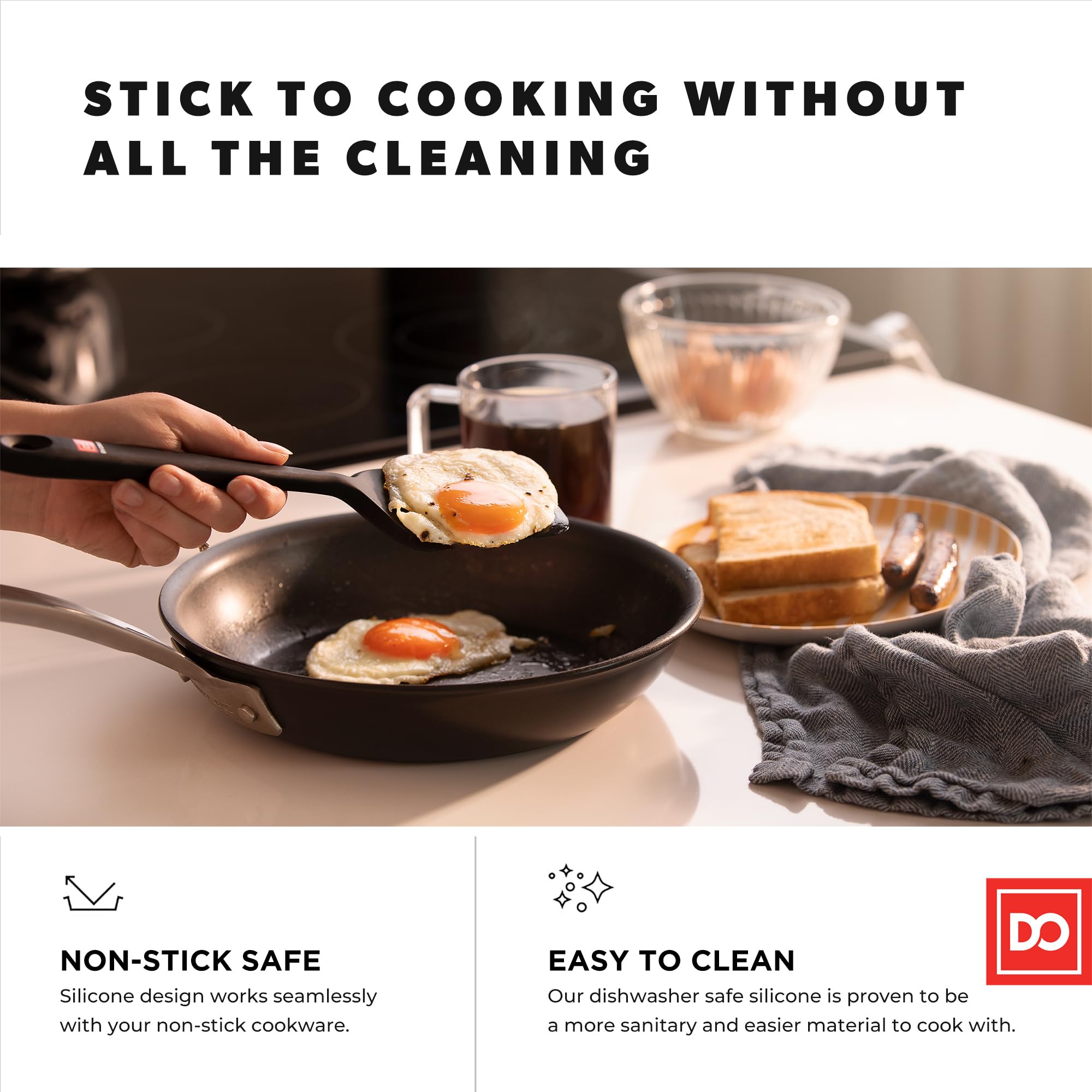 DI ORO Living silicone turner with ergonomic grip enables precise flipping.