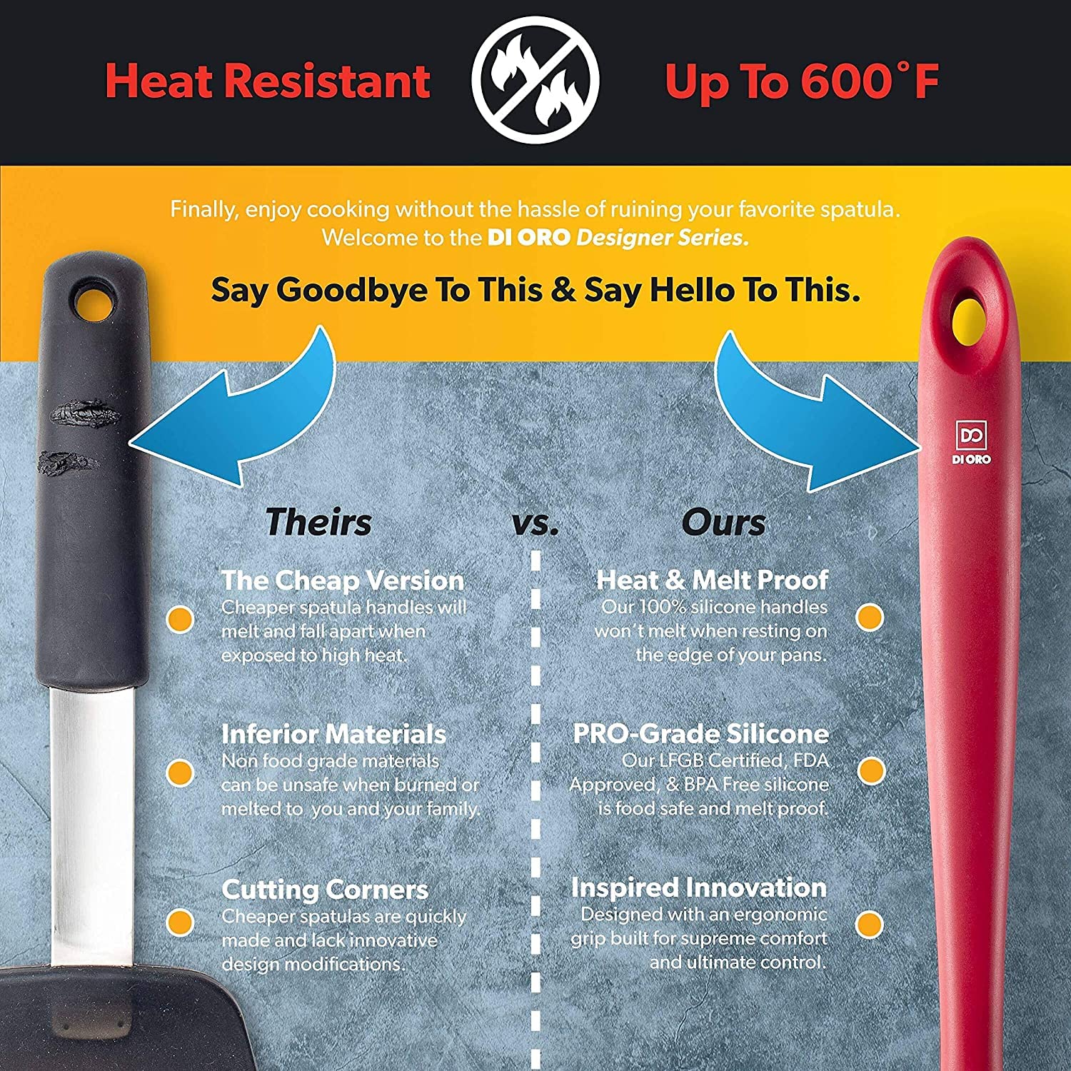 DI ORO ergonomic handle spoonula fits comfortably in hand during cooking
