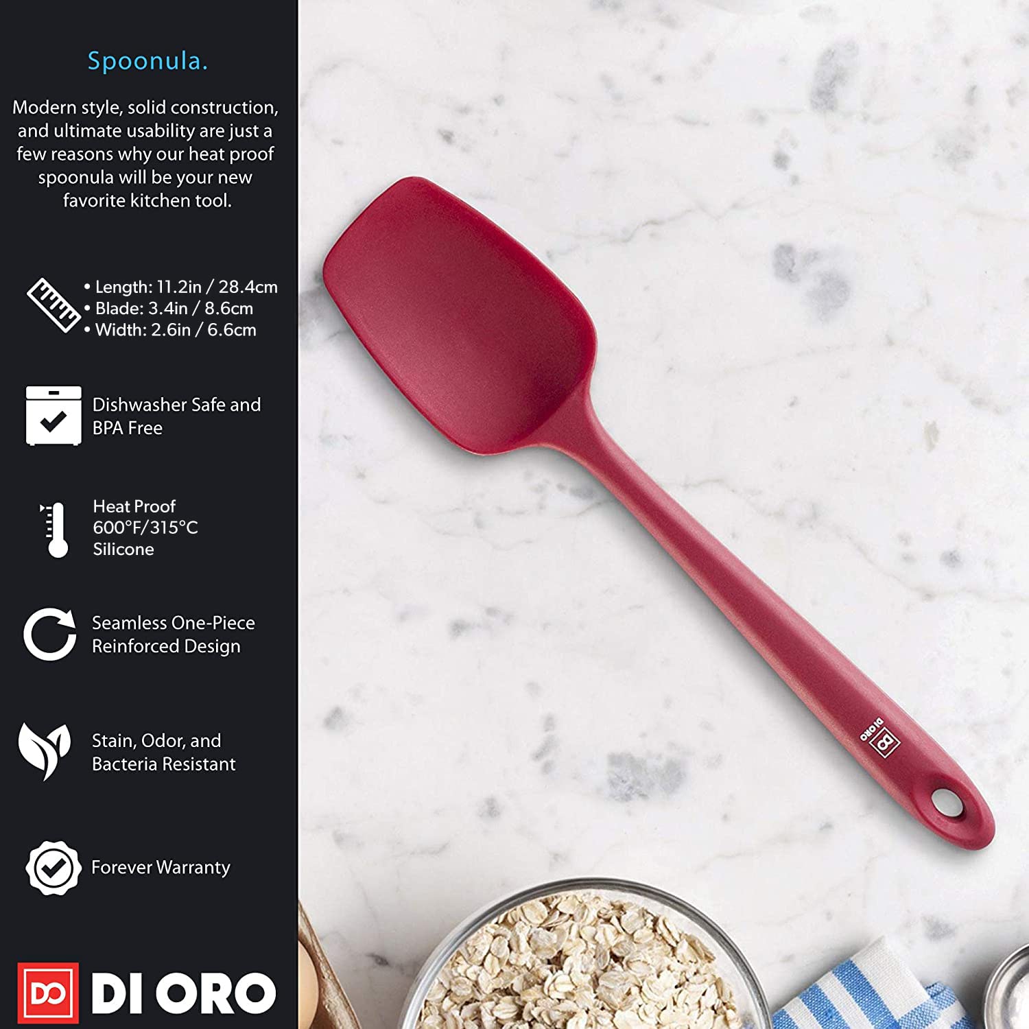 DI ORO red spoon spatula demonstrates versatile tasking from folding batter to sautéing