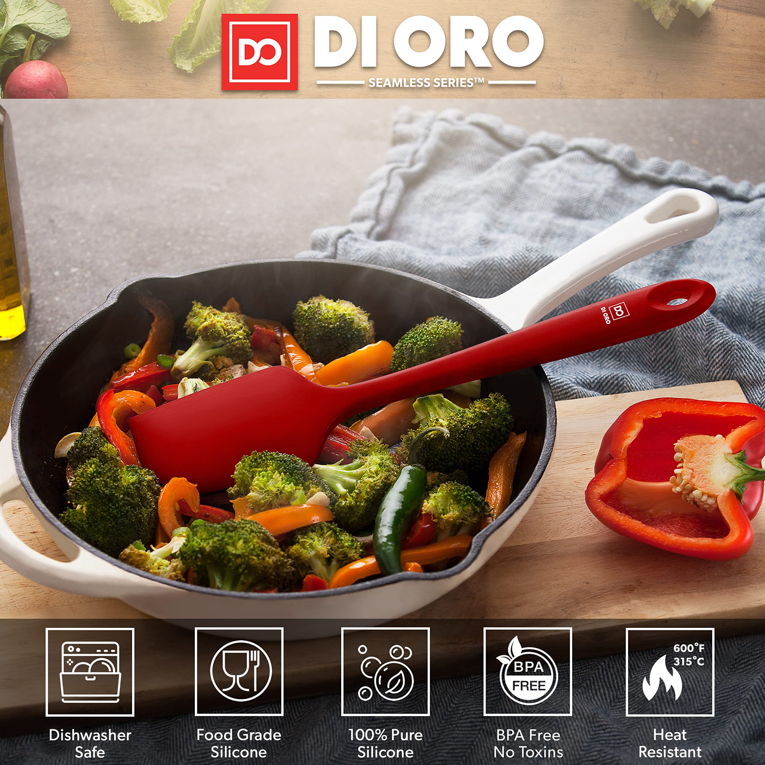 DI ORO non-stick safe spatulas protect cookware while scraping batter.