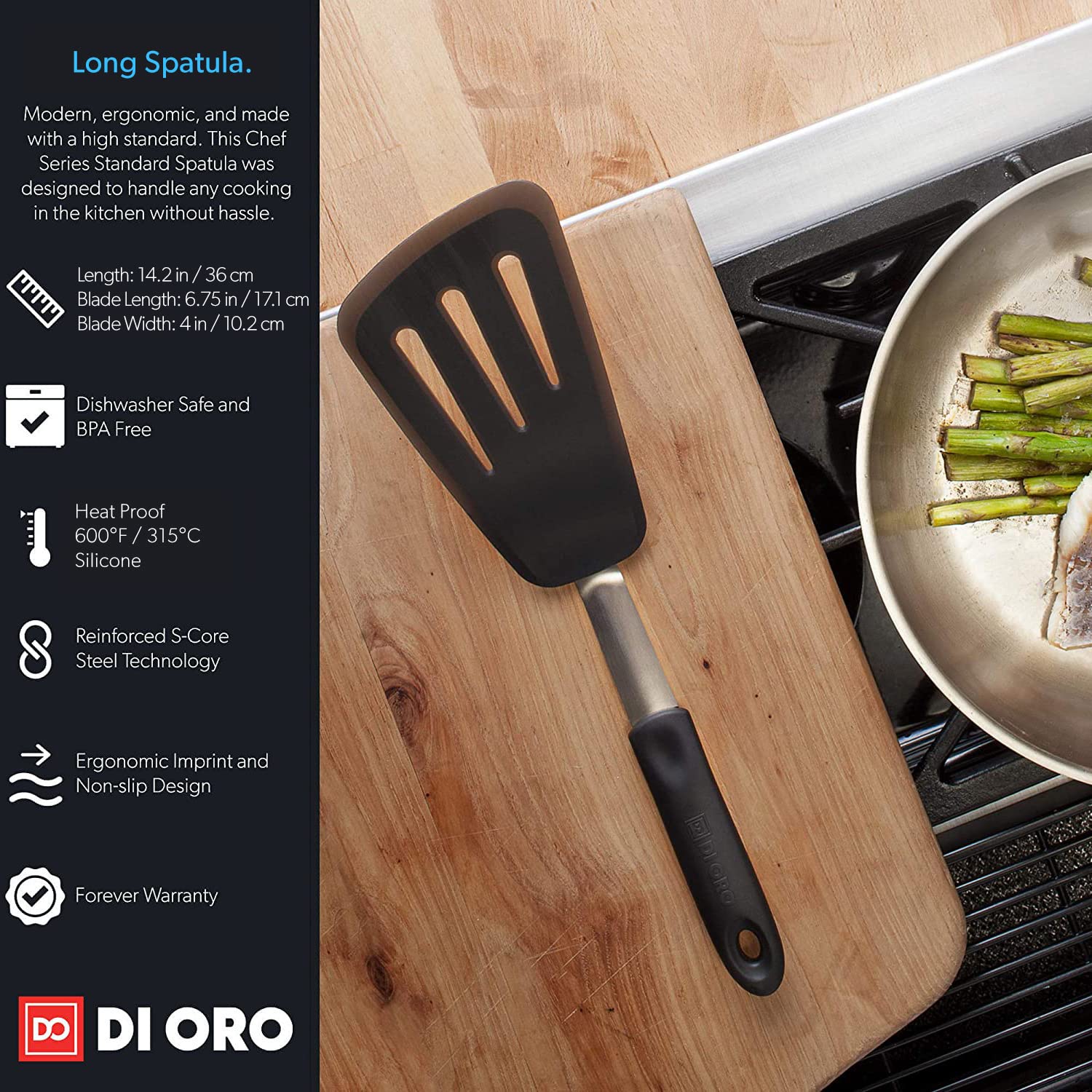 DI ORO nonstick-safe silicone is gentle on coated surfaces during cooking.