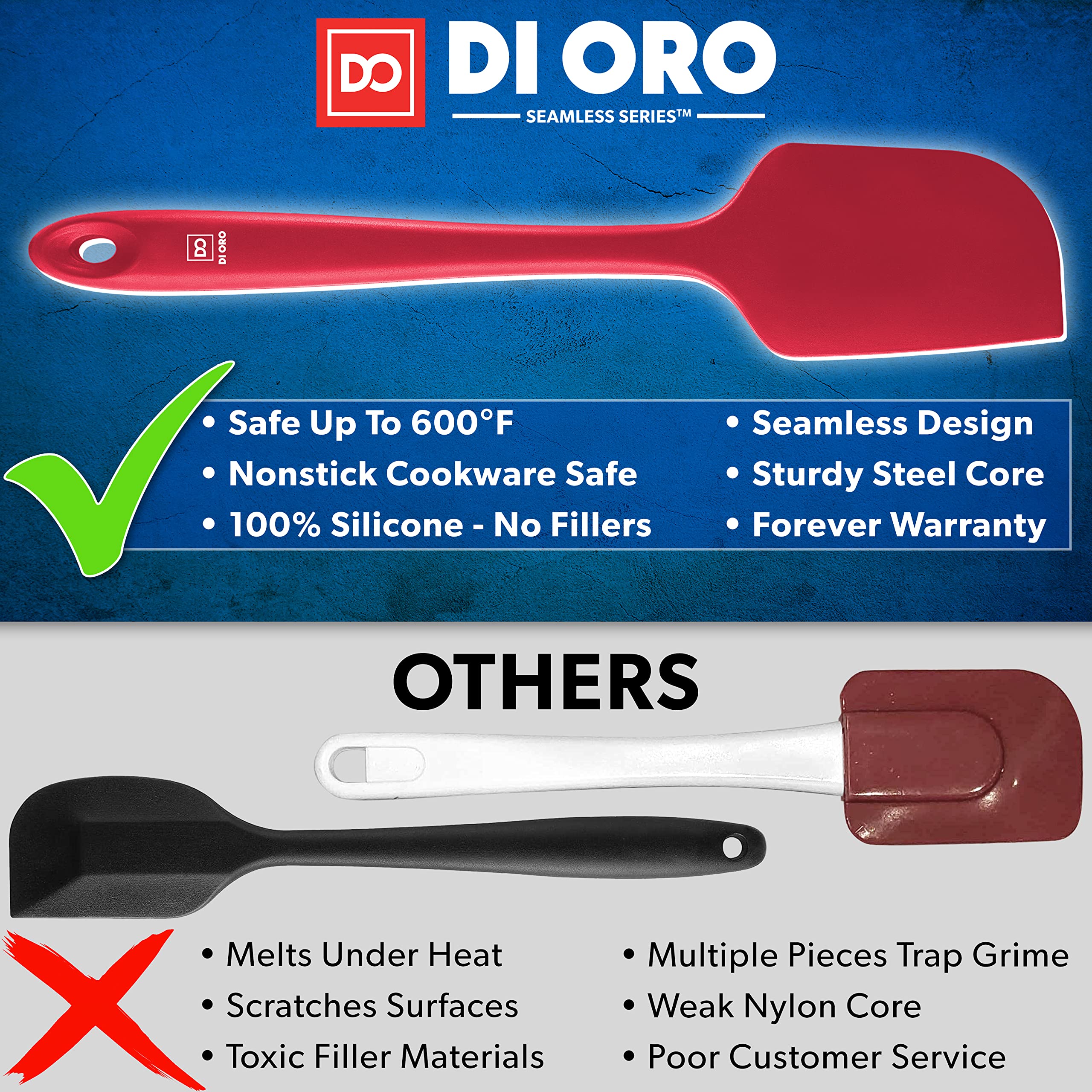 DI ORO seamless design spatula for easy cleaning and no food buildup.