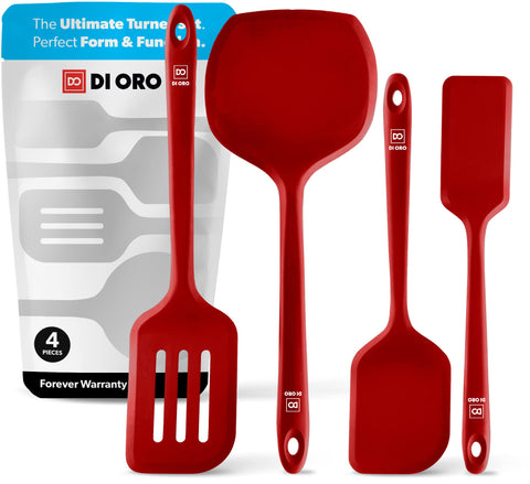 DI ORO Living Seamless Series Moda red pancake spatula for delicate flips on nonstick cookware.