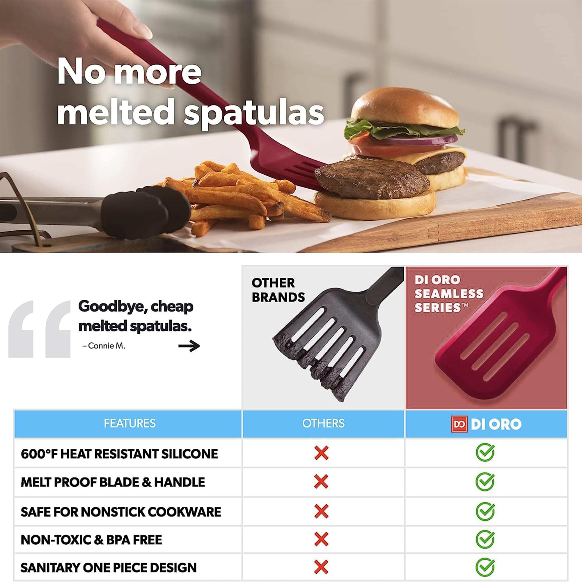 DI ORO Living Seamless Series Moda red slotted spatula ideal for draining fats from sautés.
