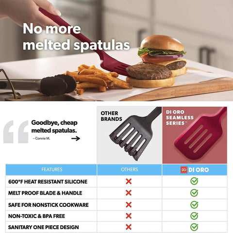 DI ORO Living Seamless Series Moda red slotted spatula ideal for draining fats from sautés.