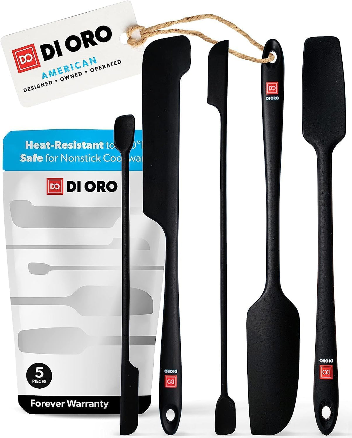 DI ORO Living 5pc black silicone jar spatulas set for thorough jar scraping