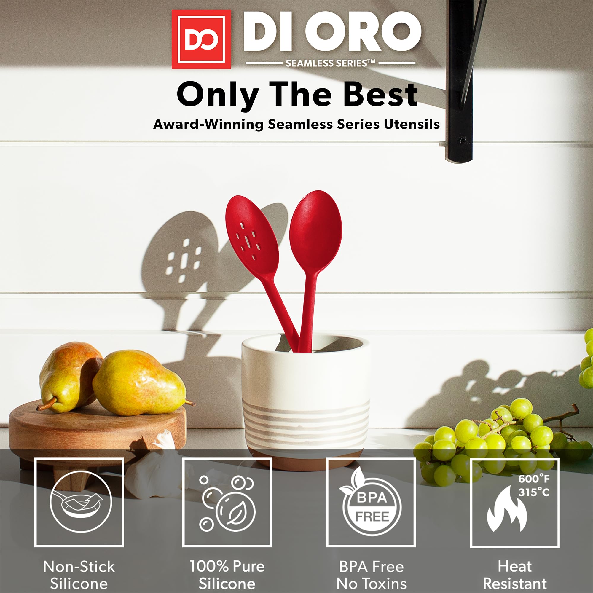 DI ORO Living silicone slotted spoon reduces splatter while lifting vegetables without scratching cookware.