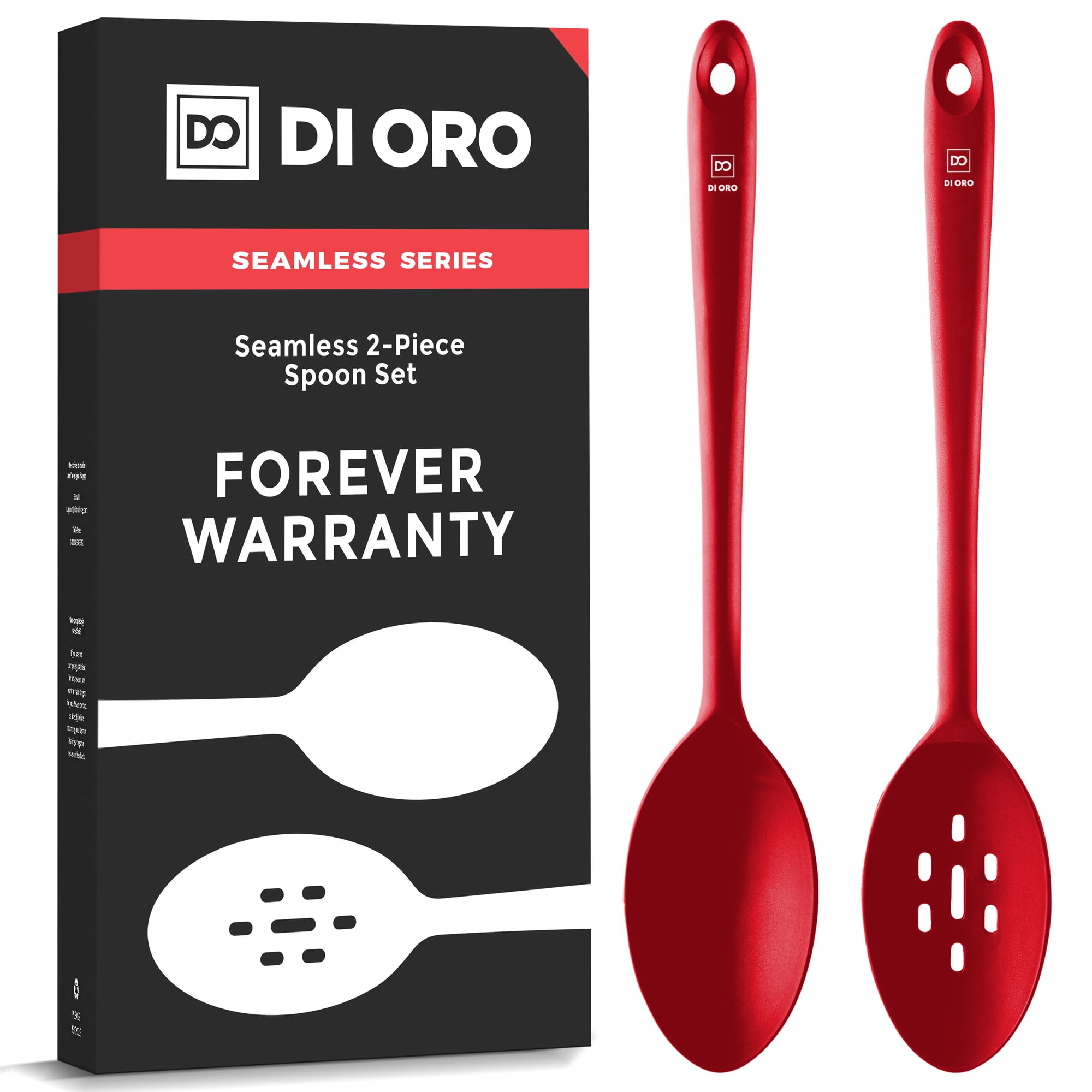 DI ORO Living silicone solid spoon with ergonomic handle, heat resistant up to 600°F for safe stirring.