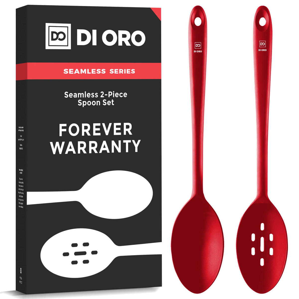 DI ORO Living silicone solid spoon with ergonomic handle, heat resistant up to 600°F for safe stirring.