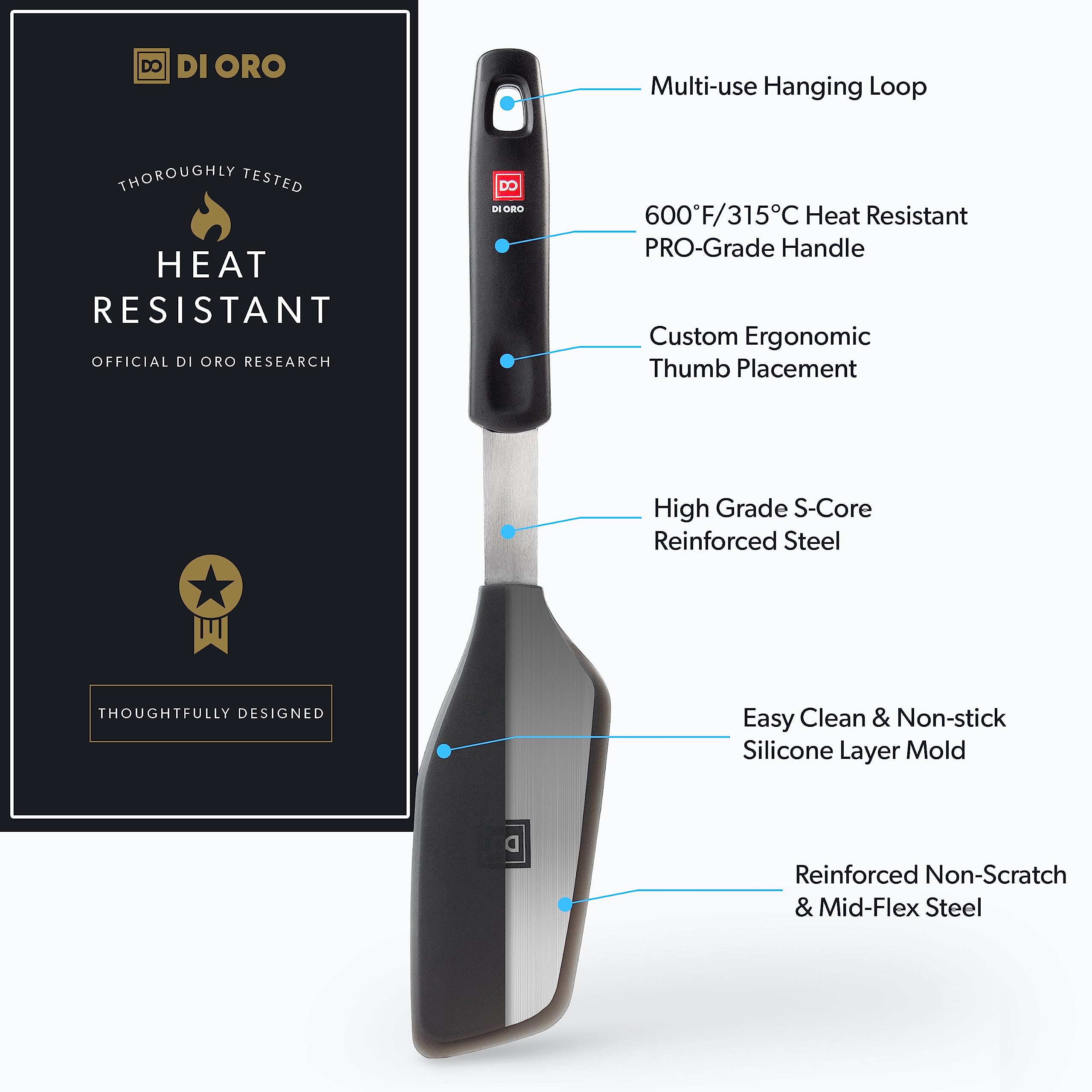 DI ORO Living silicone spatula demonstrates nonstick-safe design for easy food release.