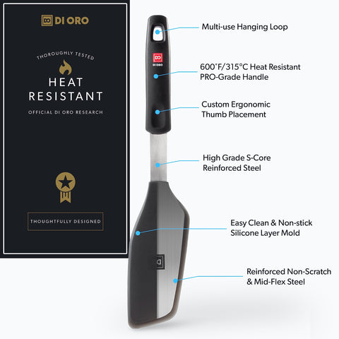 DI ORO Living silicone spatula demonstrates nonstick-safe design for easy food release.