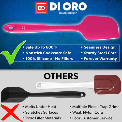 DI ORO Living magenta spatula showcases 600°F heat resistance for high-heat tasks