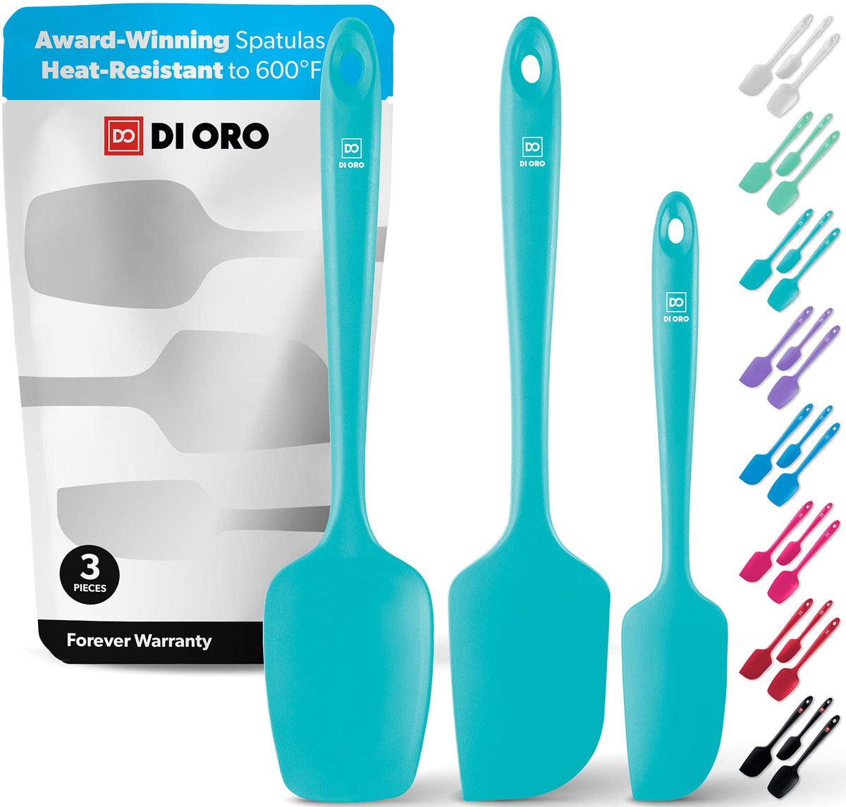 DI ORO Living teal silicone spatula set collection shown for varied kitchen tasks