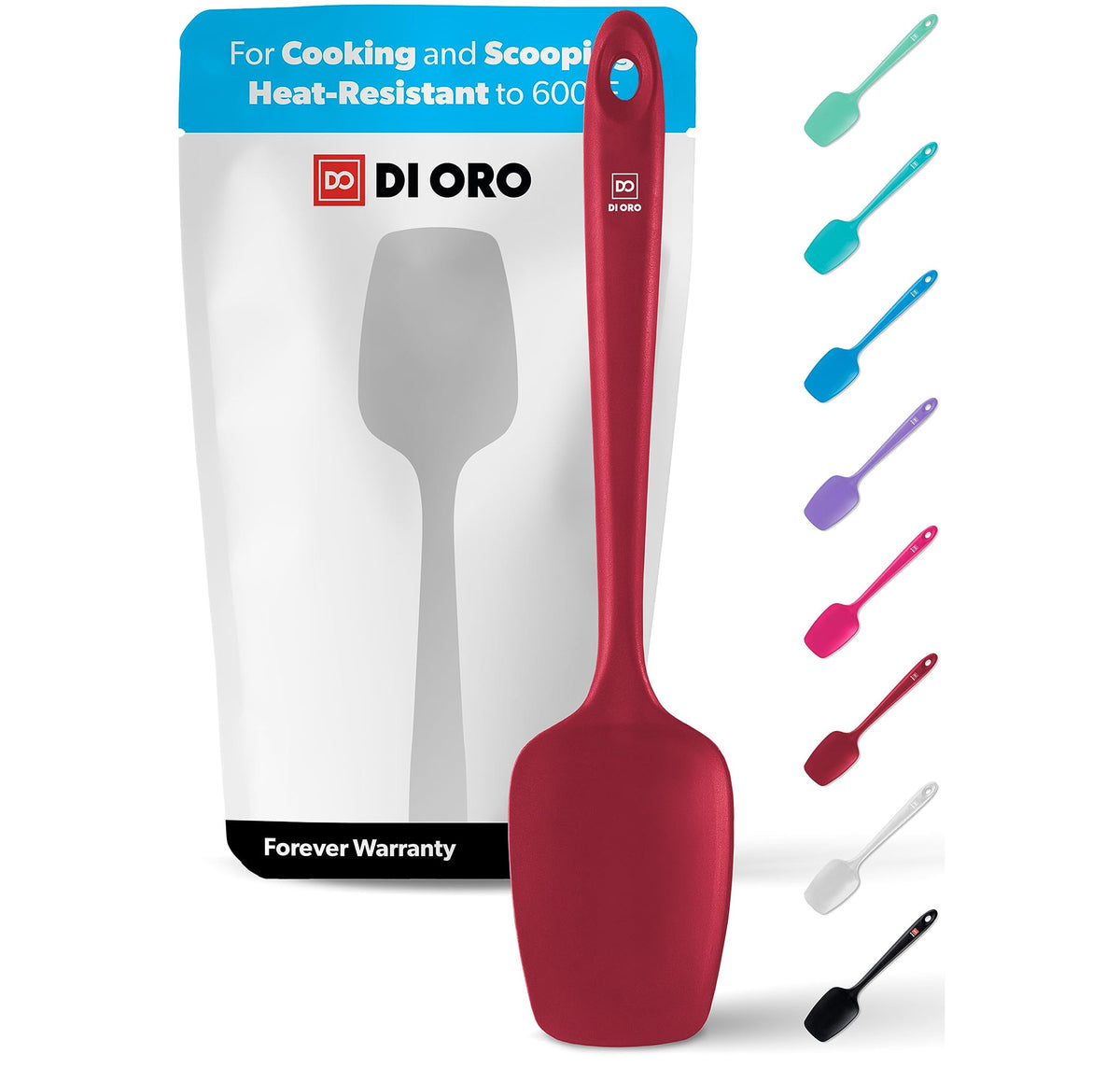 DI ORO Living silicone spoon spatula shows 600°F heat resistance for high-heat cooking