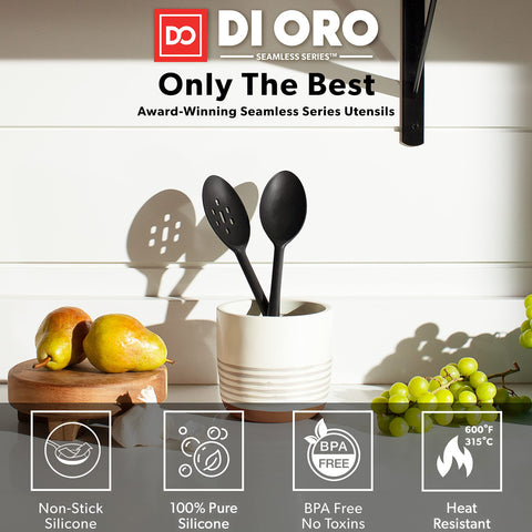DI ORO Living slotted silicone spoon drains liquids without scratching pots