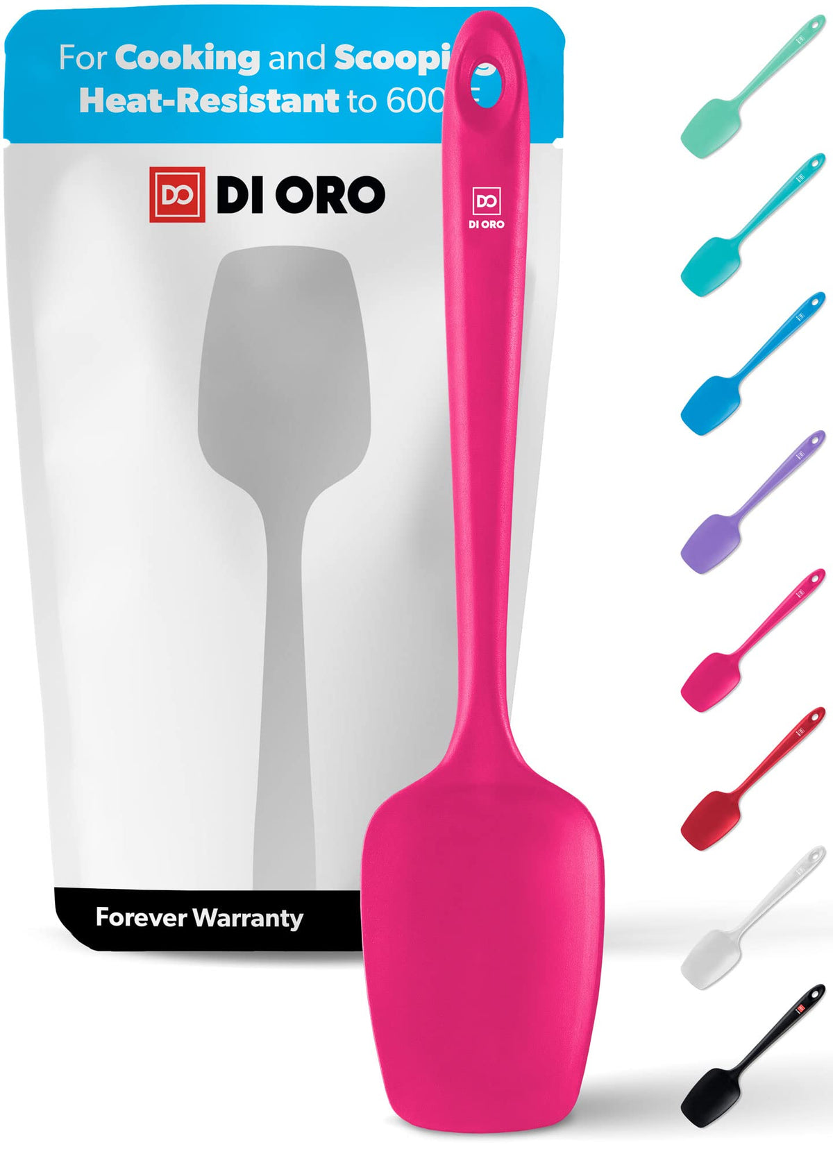 DI ORO Living silicone spoonula shows 600°F heat resistance for high-heat cooking.