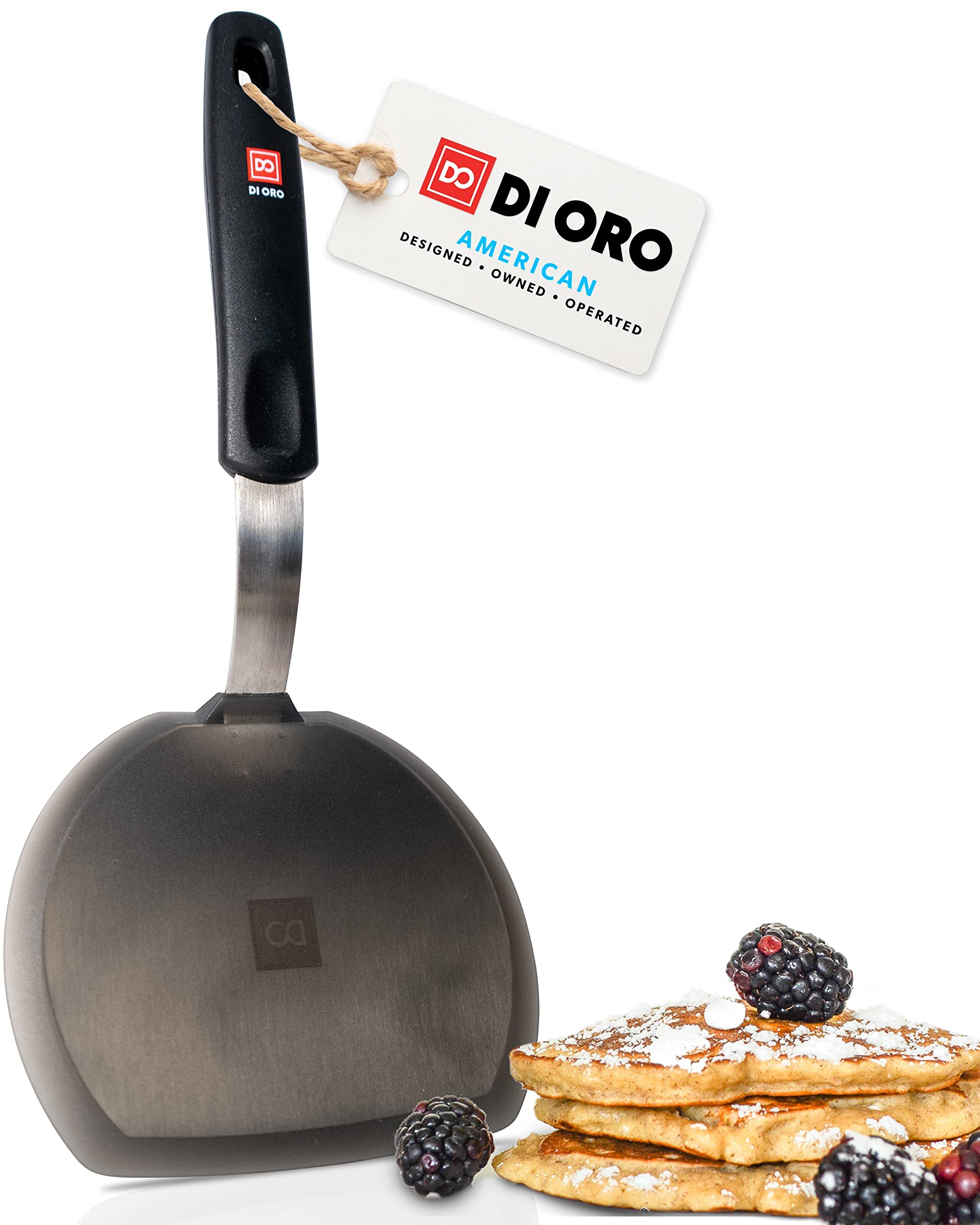 DI ORO Living silicone turner showing 600°F heat resistance for safe flips