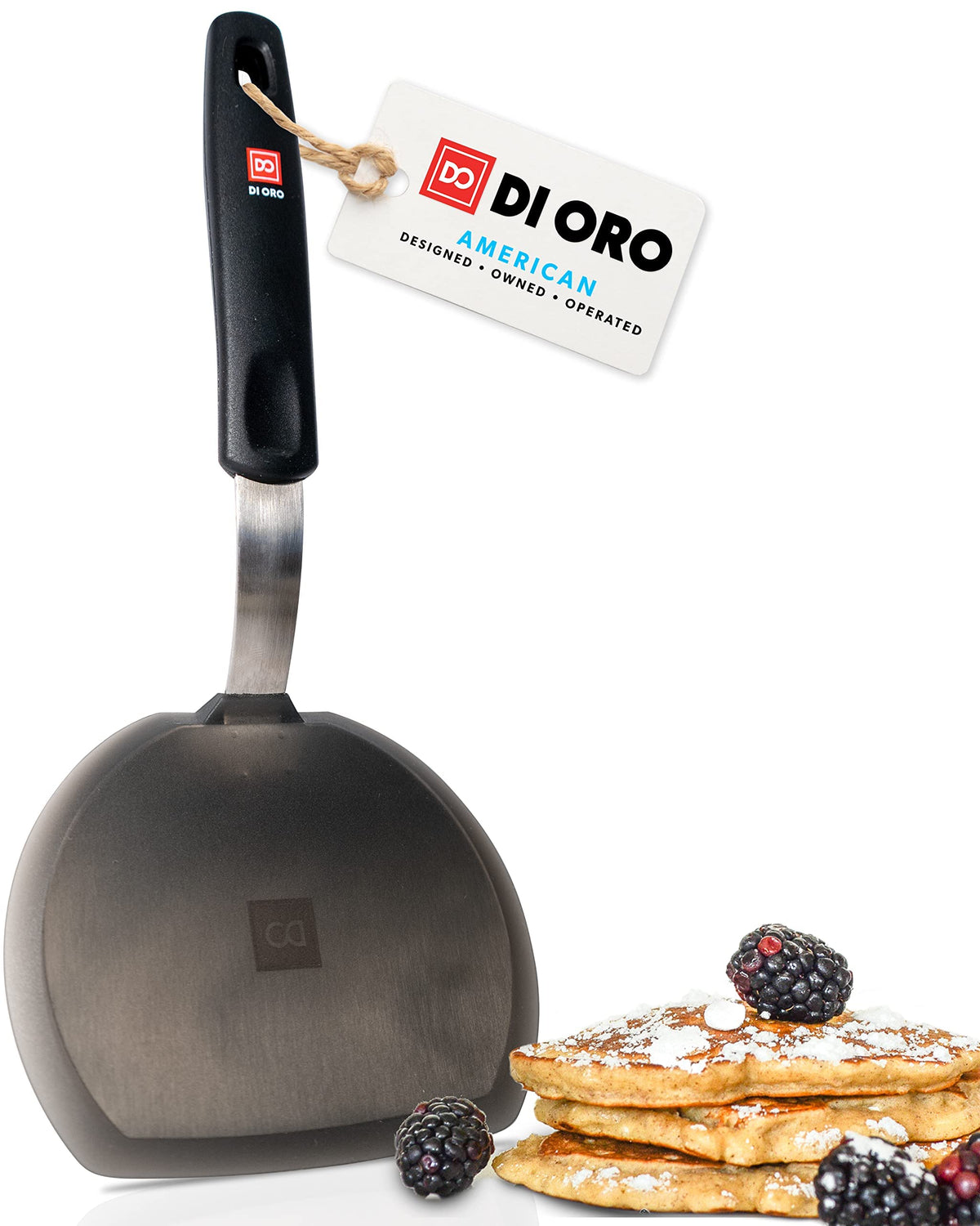 DI ORO Living silicone turner showing 600°F heat resistance for safe flips