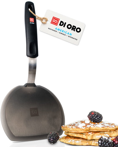 DI ORO Living silicone turner showing 600°F heat resistance for safe flips
