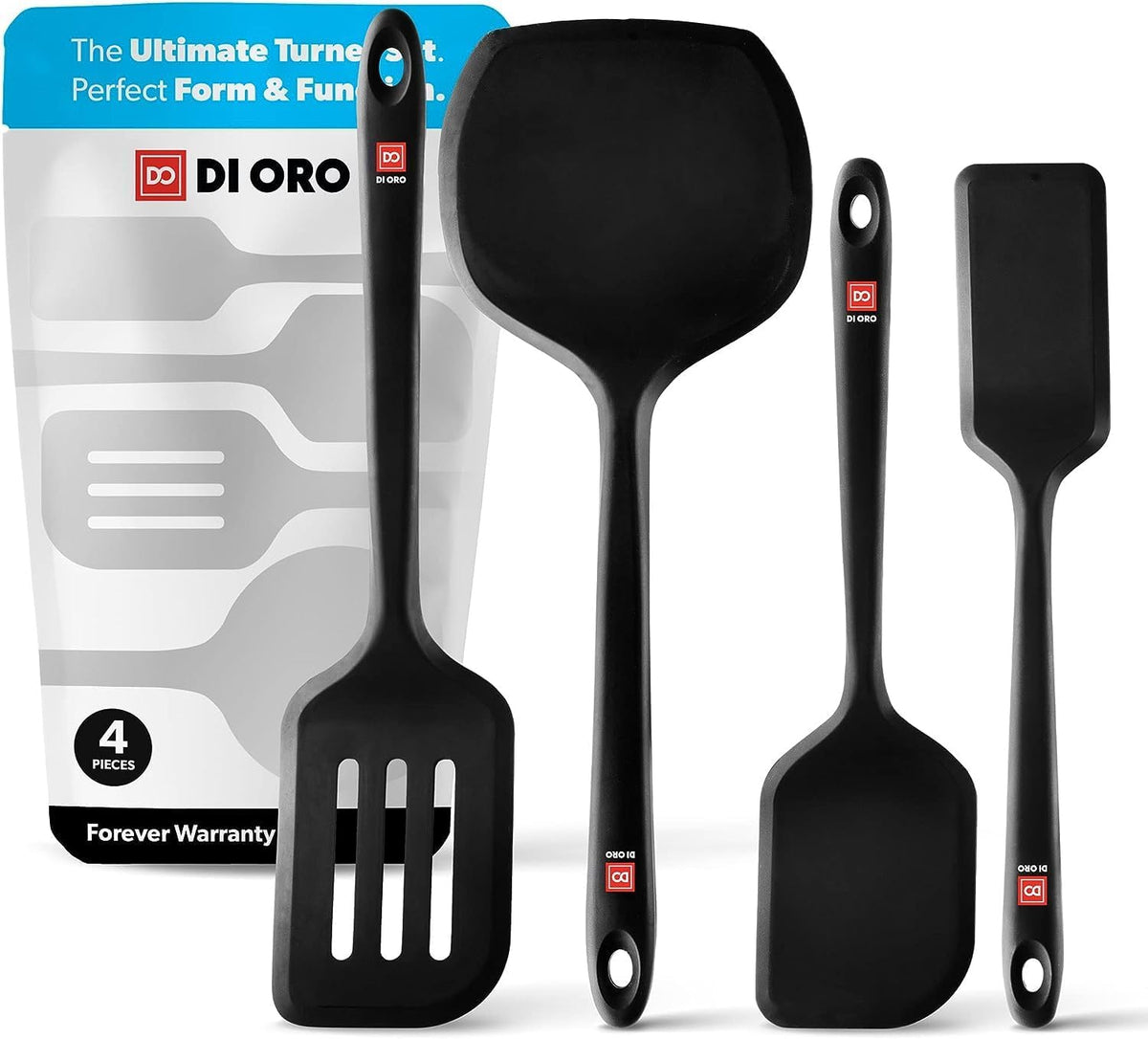DI ORO Living silicone turner set shown in black for nonstick flipping.