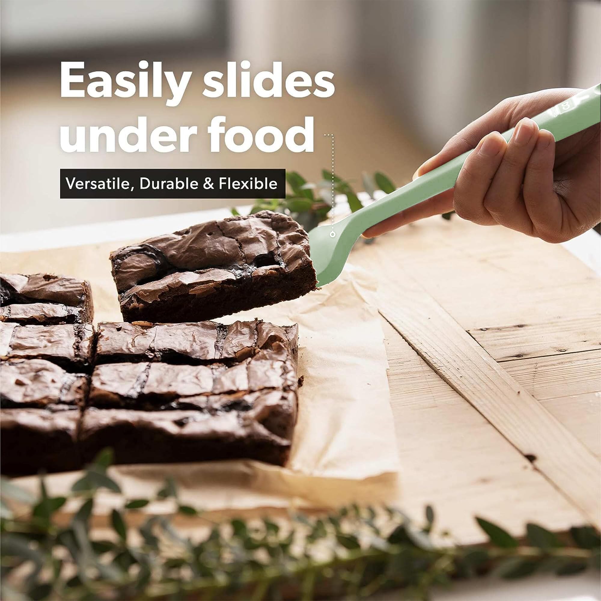 DI ORO silicone turner set withstands up to 600°F for versatile cooking.