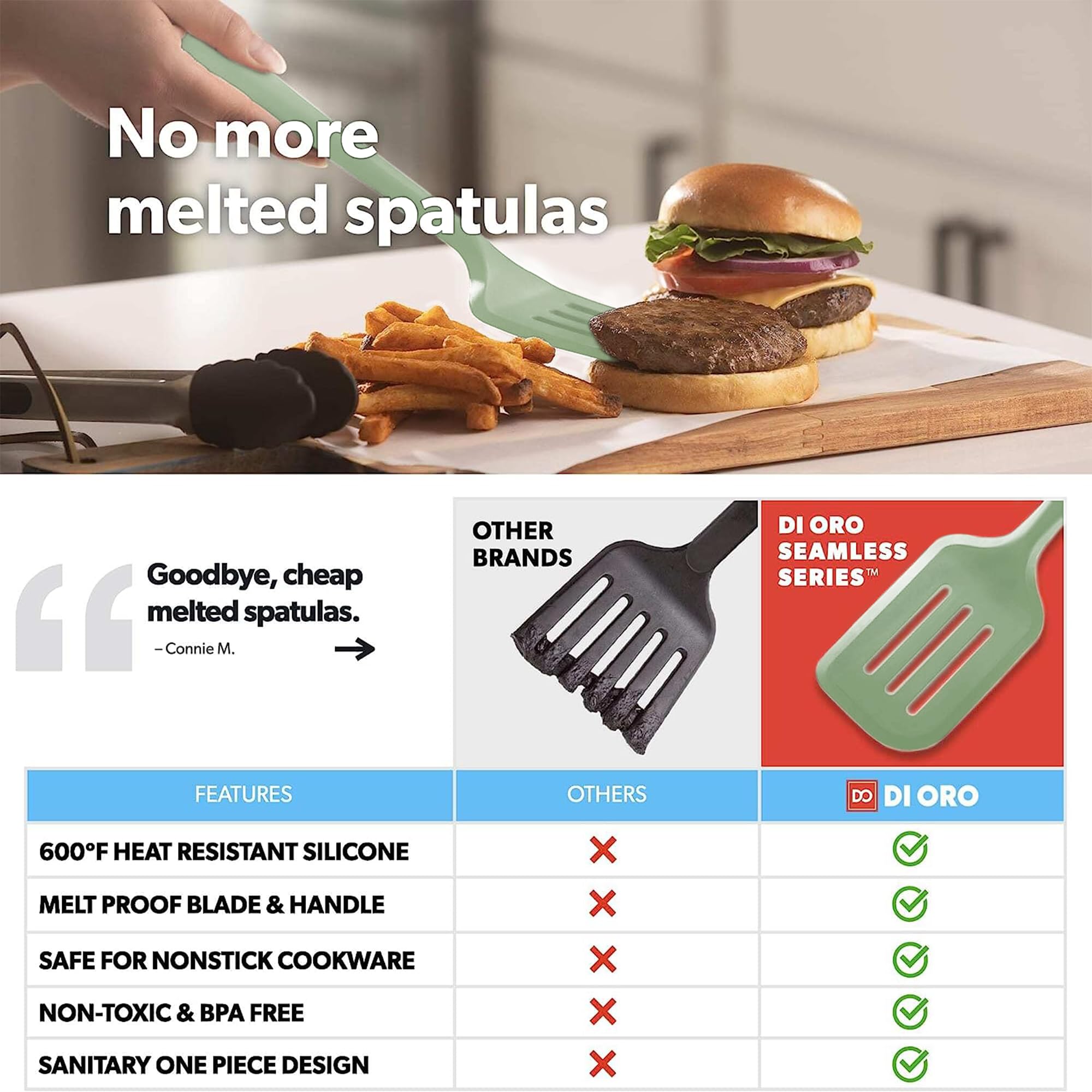 DI ORO silicone turner spatula set handles eggs without scratching nonstick pans.