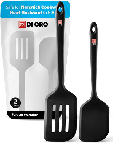 DI ORO Living silicone turner set shows heat-resistant design for high-heat cooking