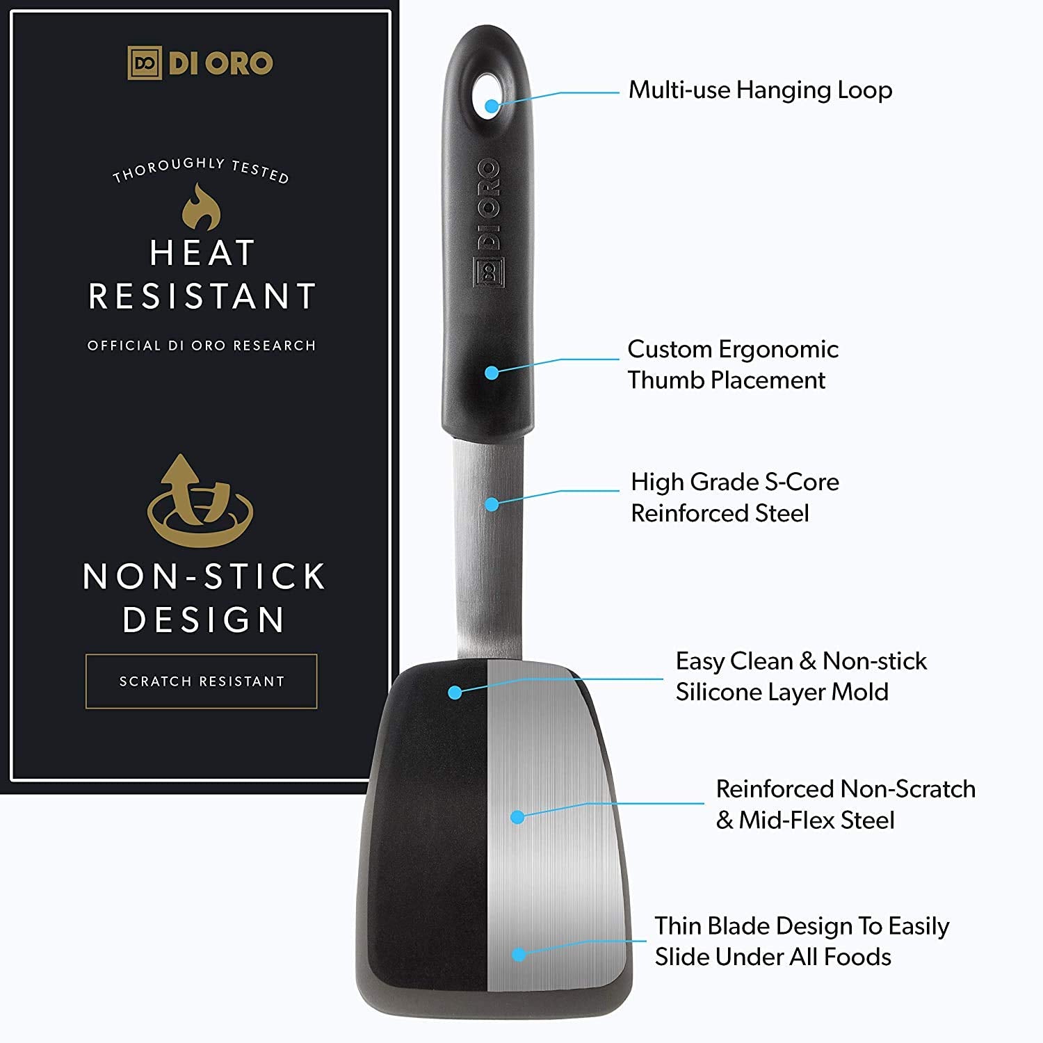 DI ORO silicone standard turner spatula ideal for lifting foods of various shapes.