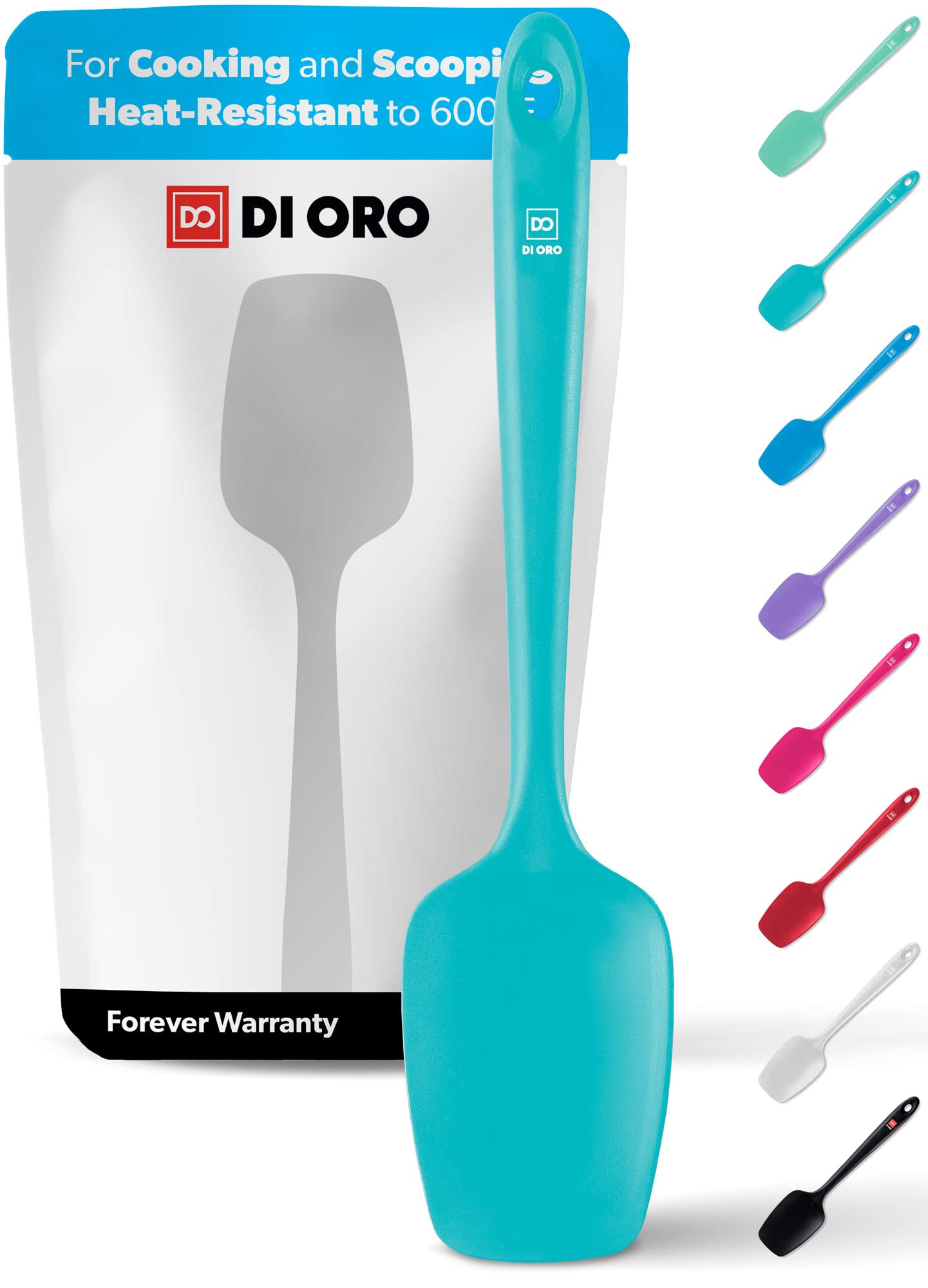 DI ORO Living spoonula in teal showing 600°F heat resistance for cooking.