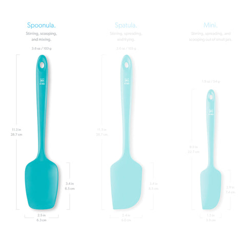 Teal DI ORO spoonula with ergonomic handle for versatile kitchen tasks.