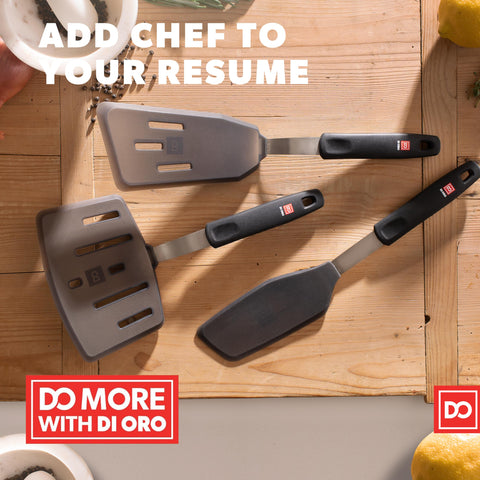 DI ORO Living wide slotted spatula easy to scrape and lift ingredients.