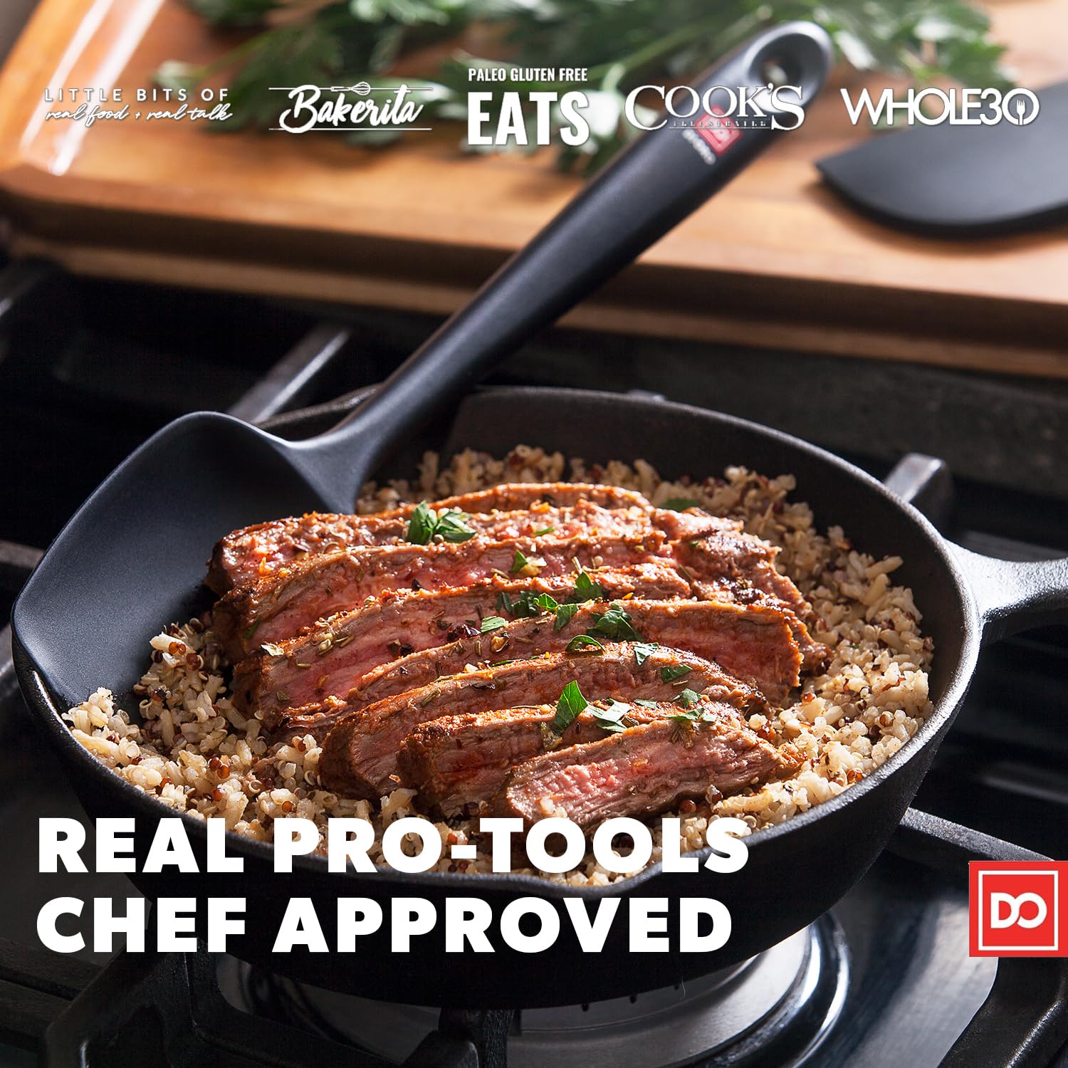 DI ORO nonstick-safe silicone spatula avoids scratching premium cookware.