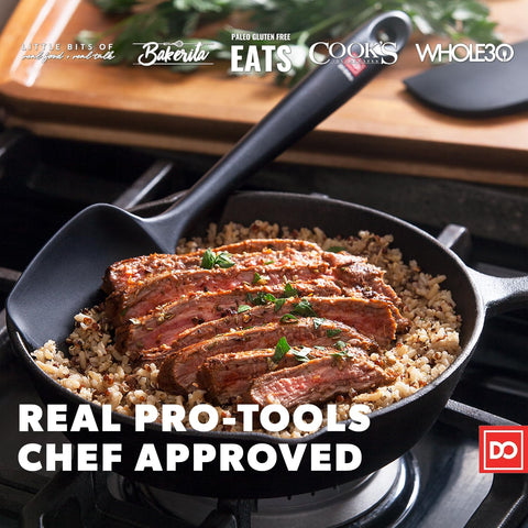 DI ORO nonstick-safe silicone spatula avoids scratching premium cookware.