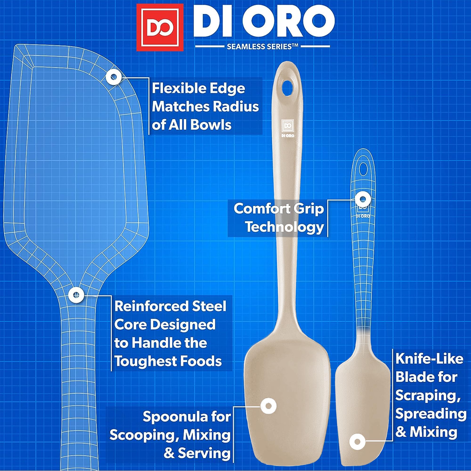 DI ORO silicone spatulas resist heat up to 600°F for browning and sautéing.