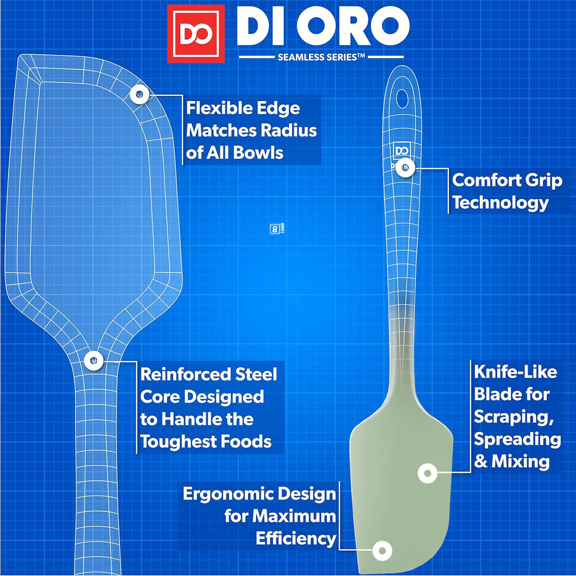 DI ORO spatula with stainless steel core for lasting kitchen strength.