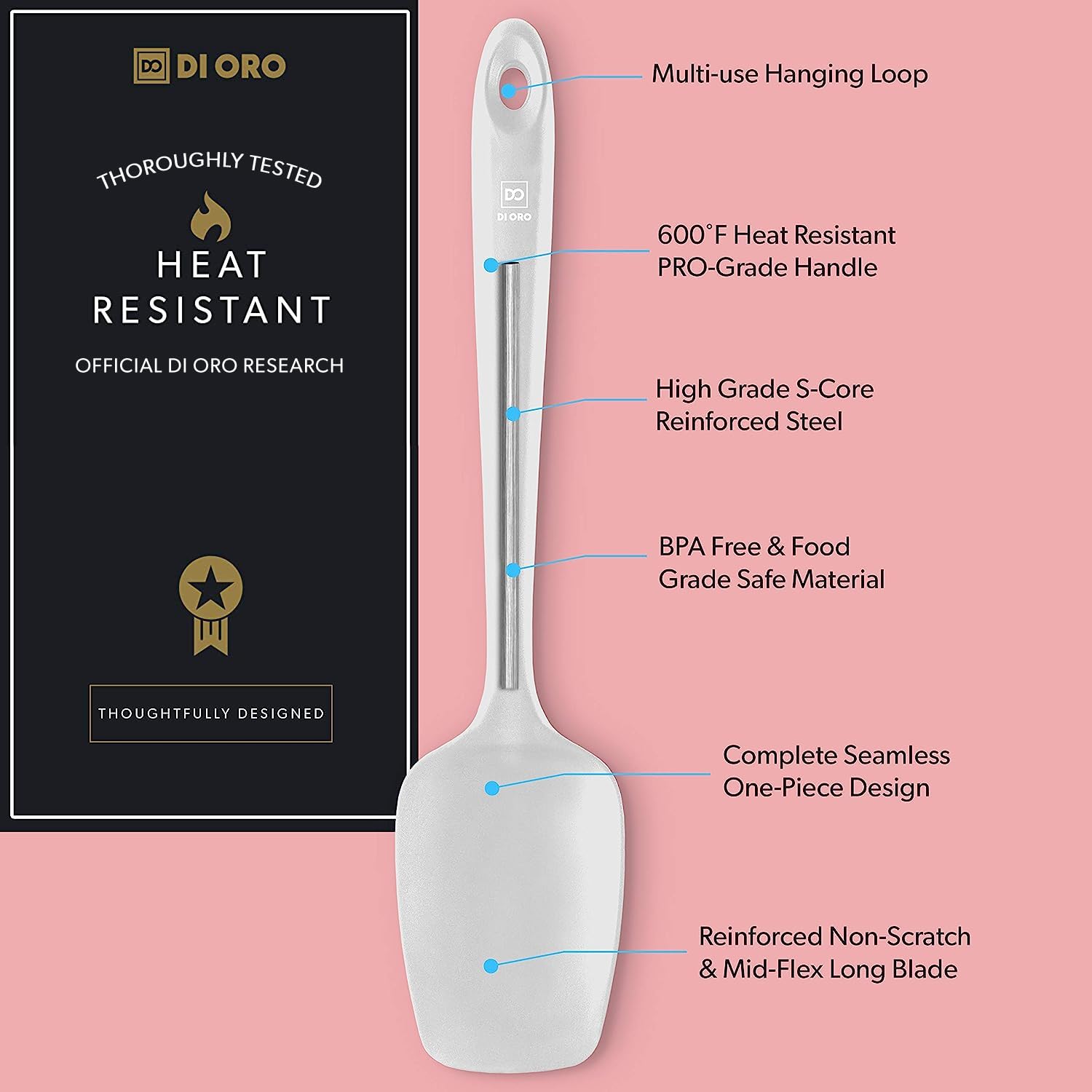 DI ORO silicone spoonula shown being dishwasher safe for easy cleaning.