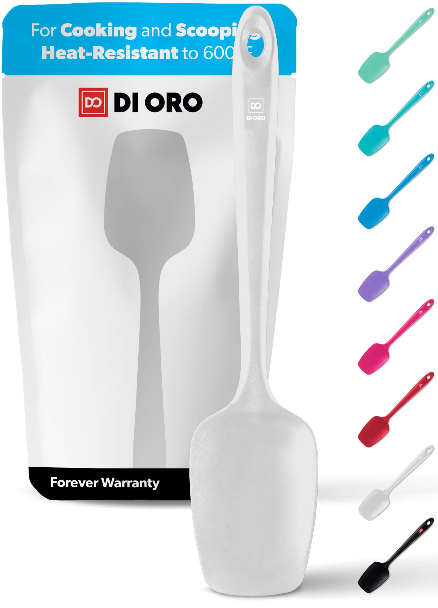 DI ORO silicone spoonula demonstrating 600°F heat resistance for high-heat cooking.