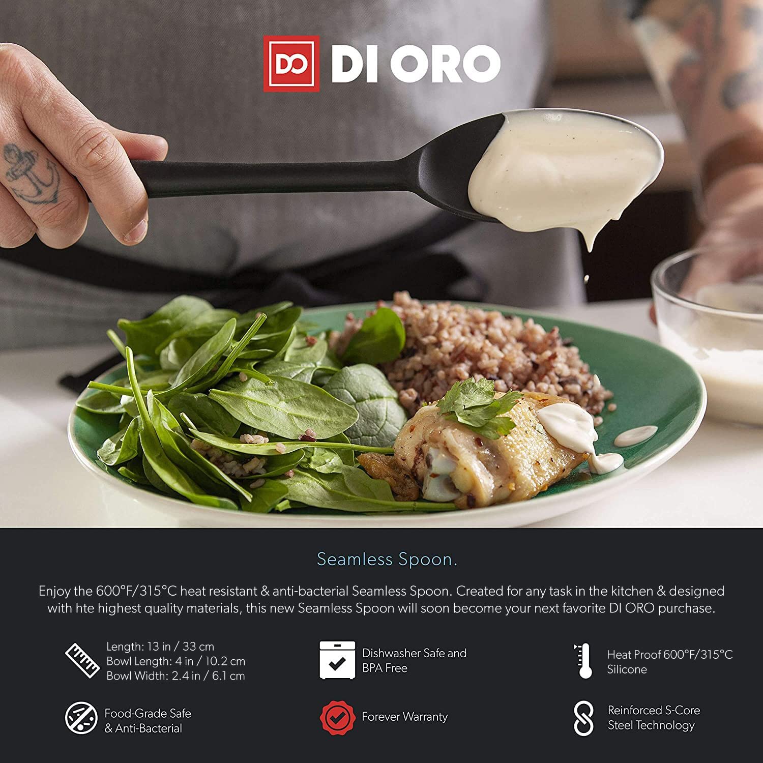 DI ORO seamless design solid spoon prevents food buildup while cooking.