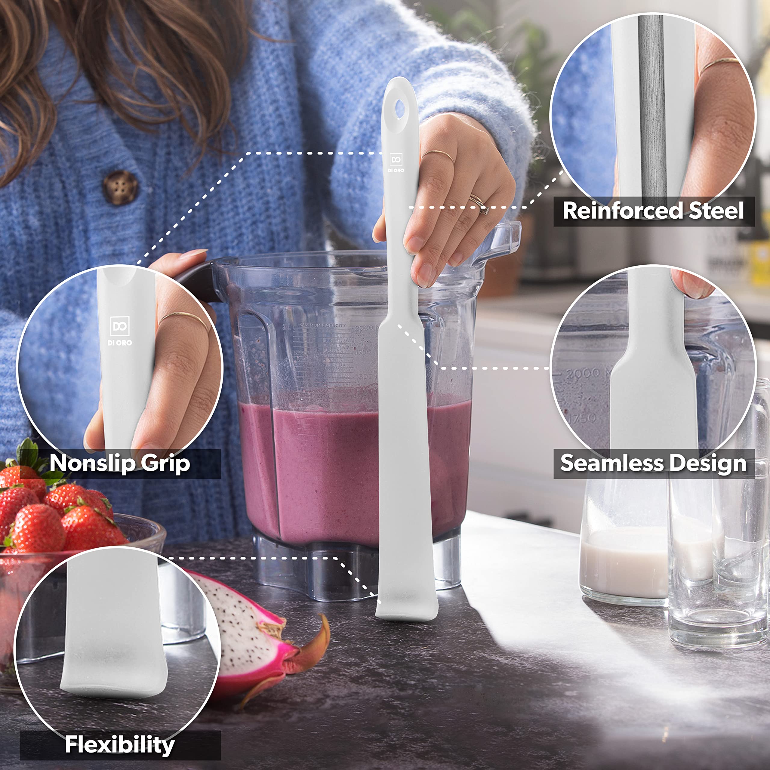 DI ORO spatula with stainless steel core blends strength and flexibility.
