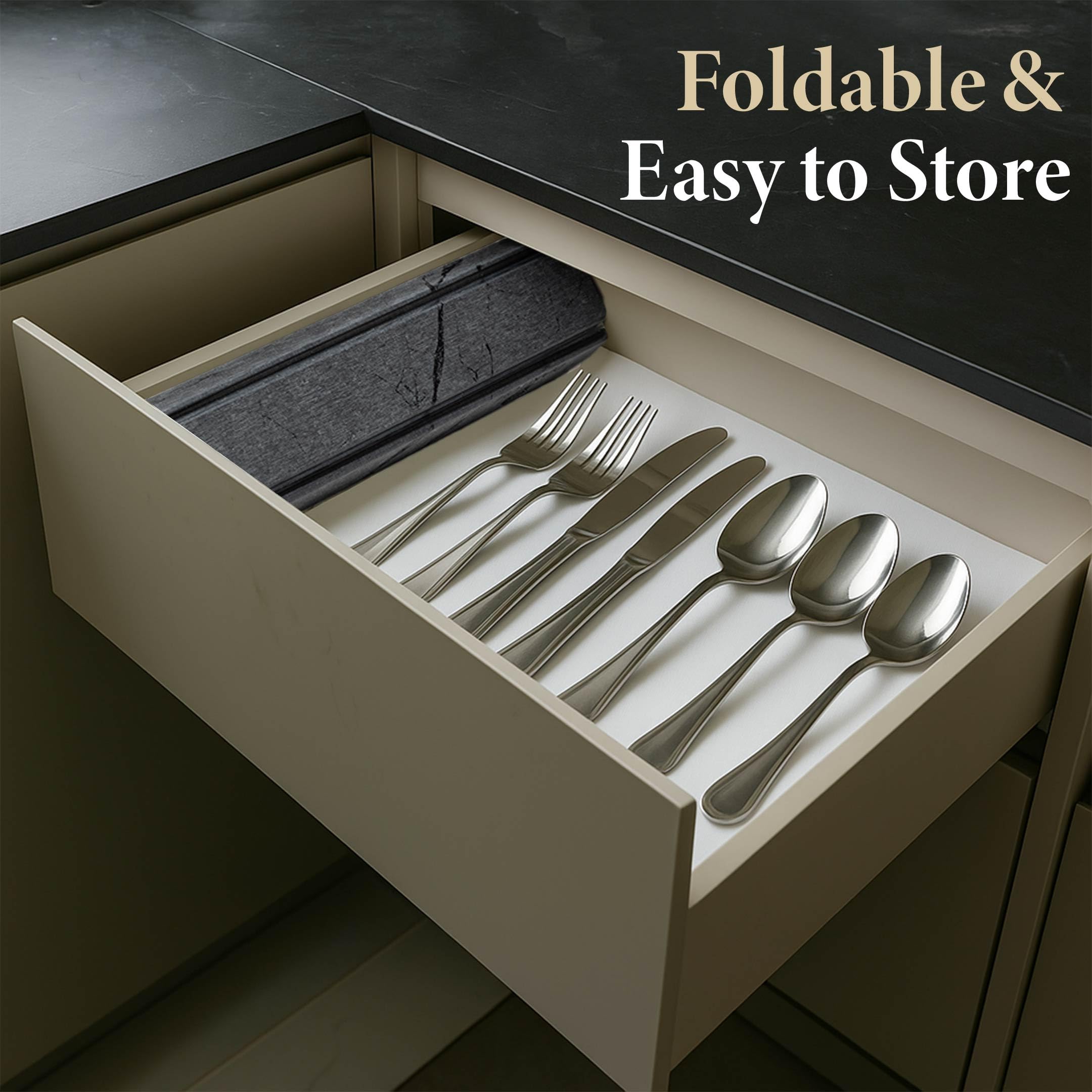 DIAKITCH stone drying mat folded for compact storage in a cabinet.