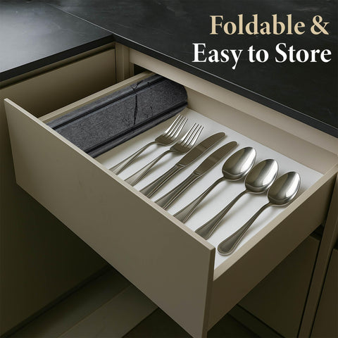 DIAKITCH stone drying mat folded for compact storage in a cabinet.